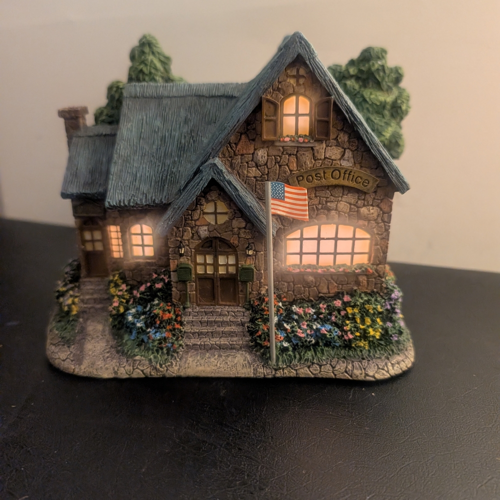 Thomas Kinkade Stone Post Office Figurine with Green Roof and Multicolor Flowers